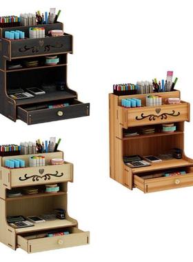 1 Pc Wooden Pen Holder with Drawer Organizer Rack Multi-Func