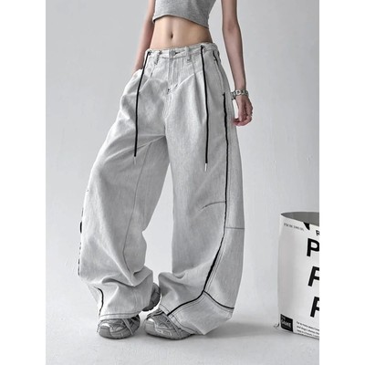 Striped color blocked pocket pants for women条纹拼色口袋长裤