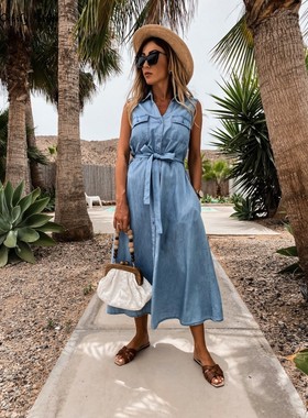 Studded Buttoned Open Chest Waist Belted Denim Dress
