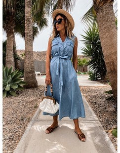 Chest Open Waist Belted Dress Studded Denim Buttoned