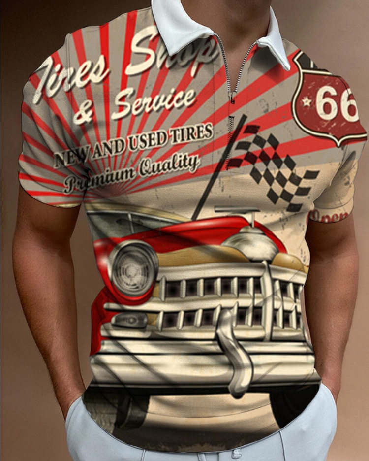 printed lapel casual comfort youth zip cardigan 大码短袖上衣