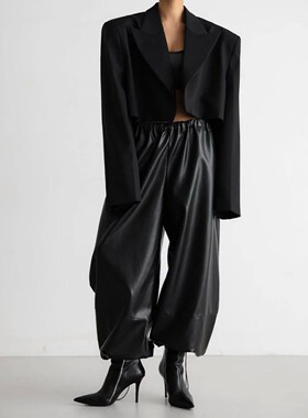 Drawstring loose lantern leather pants women抽绳宽松灯笼皮裤