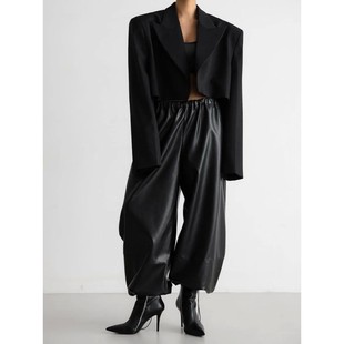 Drawstring loose lantern leather pants women抽绳宽松灯笼皮裤