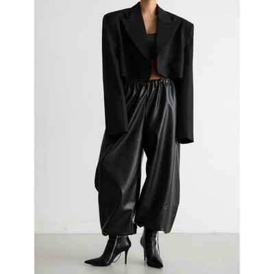 Drawstring loose lantern leather pants women抽绳宽松灯笼皮裤