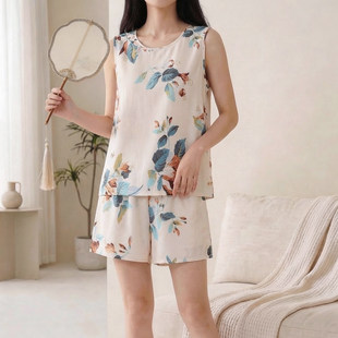 套装 背心短裤 凉感透气舒适家居服 花卉印花无袖 2026棉绸睡衣女夏季