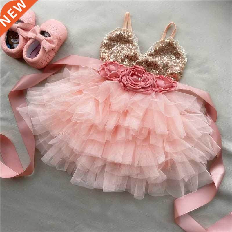 shinny flower girls dress for kids with belt toddle party go