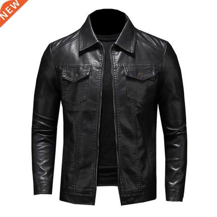 Men's motorcycle leather jacket large size pocket black