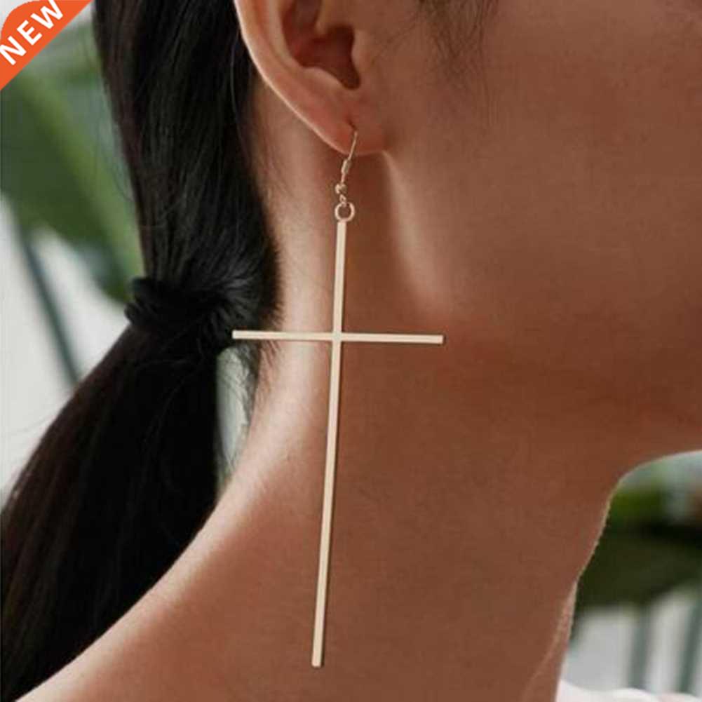 Ethnic Big Cross Long Earrings for Women Gold Color Drop Ear