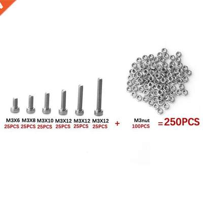 250pcs Stainless Steel M3*6/8/10/12/16/20 Cap Head Screws Se