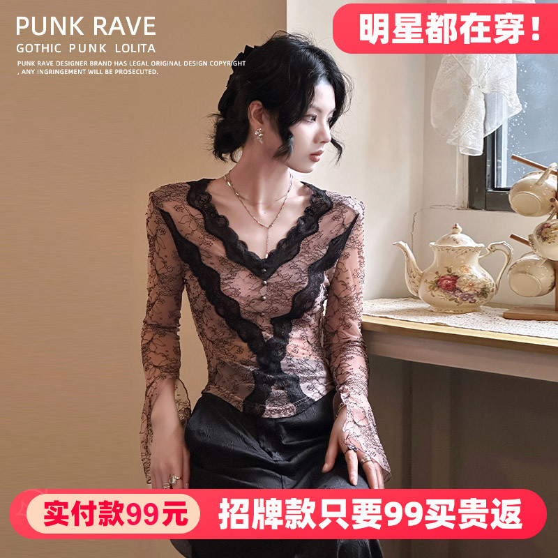 PUNKRAVE半透蕾丝衫女气质上衣