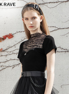 PUNK RAVE夏季暗黑色立领针织性感修身T恤拼接蕾丝显瘦短袖上衣女