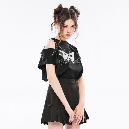 朋克大版宽松t恤女夏潮蝴蝶印花短袖上衣两穿设计感小众显瘦减龄