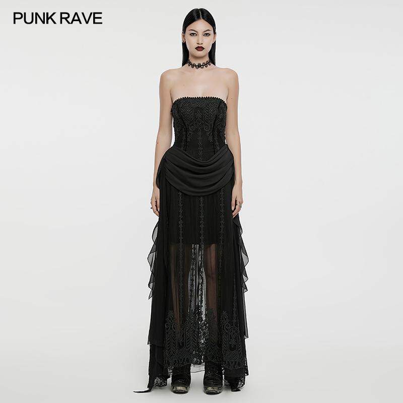 哥特立体绣花礼服裙黑色连衣裙抹胸束腰A字裙鱼骨设计露肩长裙女