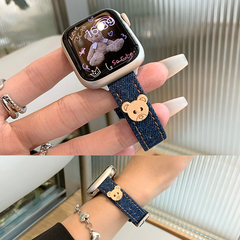 适用苹果手表S9表带细款帆布牛仔小熊钮扣applewatch8可爱iwatch7