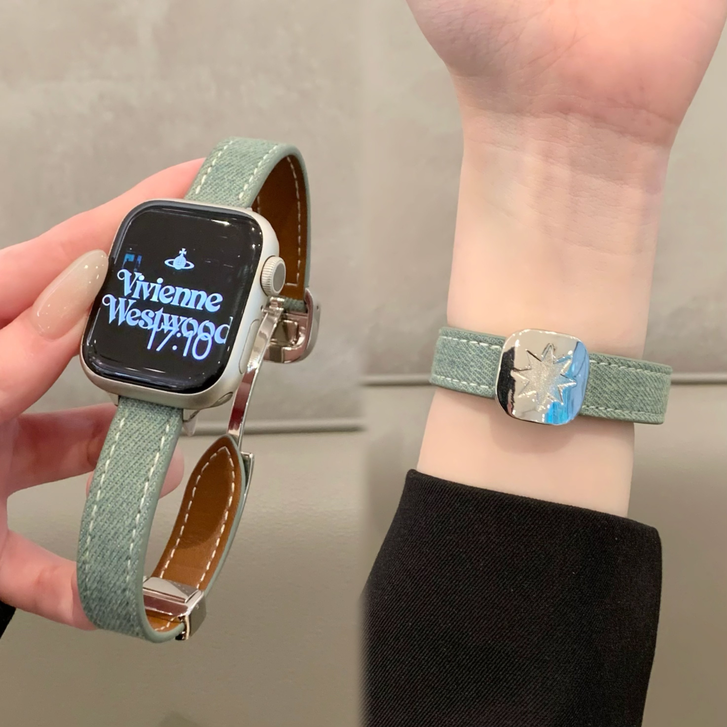 适用苹果手表iwatch10表带舒适细款星星牛仔磁吸扣applewatch98女
