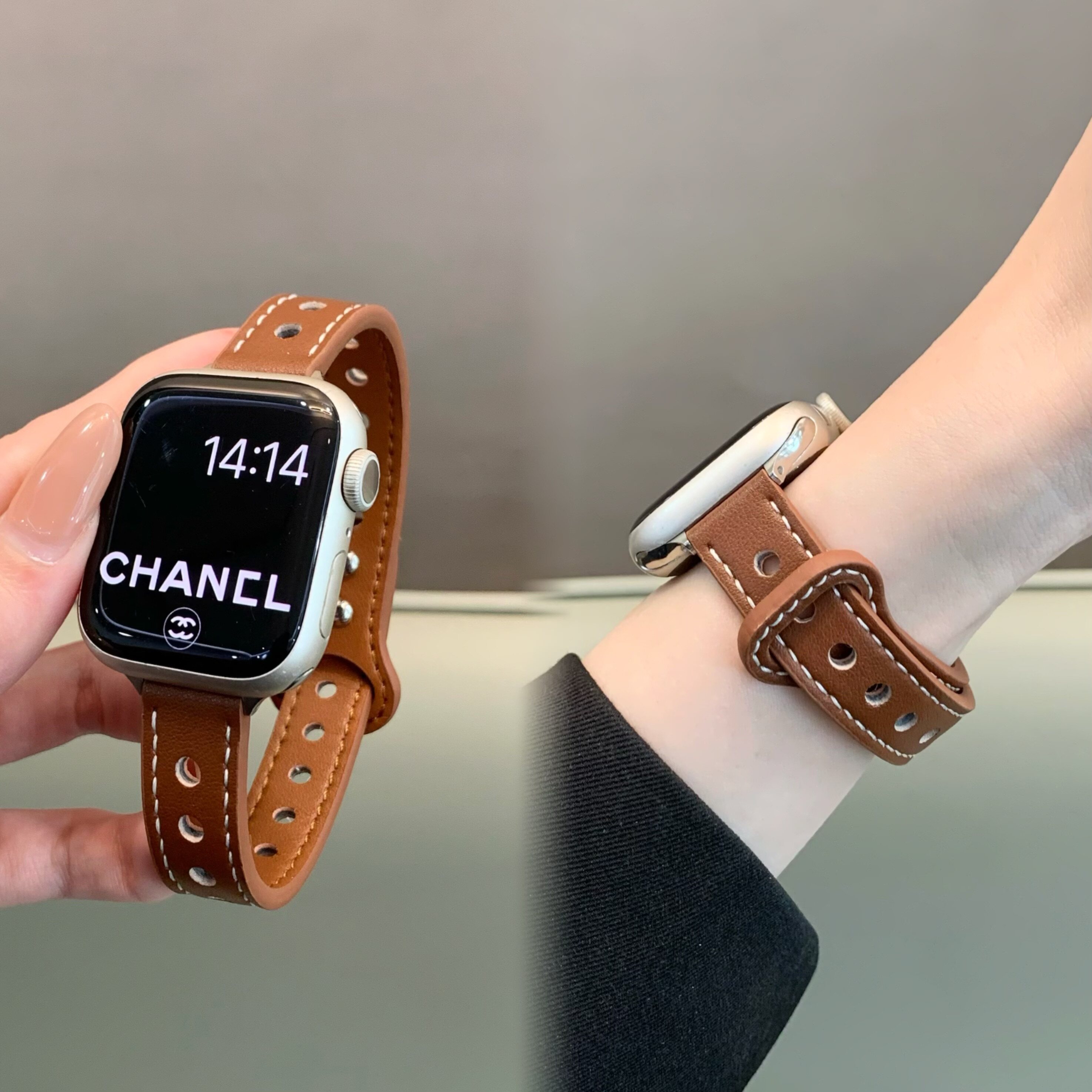 适用iwatch透气双孔柳丁皮表带图片