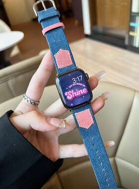 适用苹果手表S8表带简约applewatch7复古牛仔拼色皮质iwatch6SE5