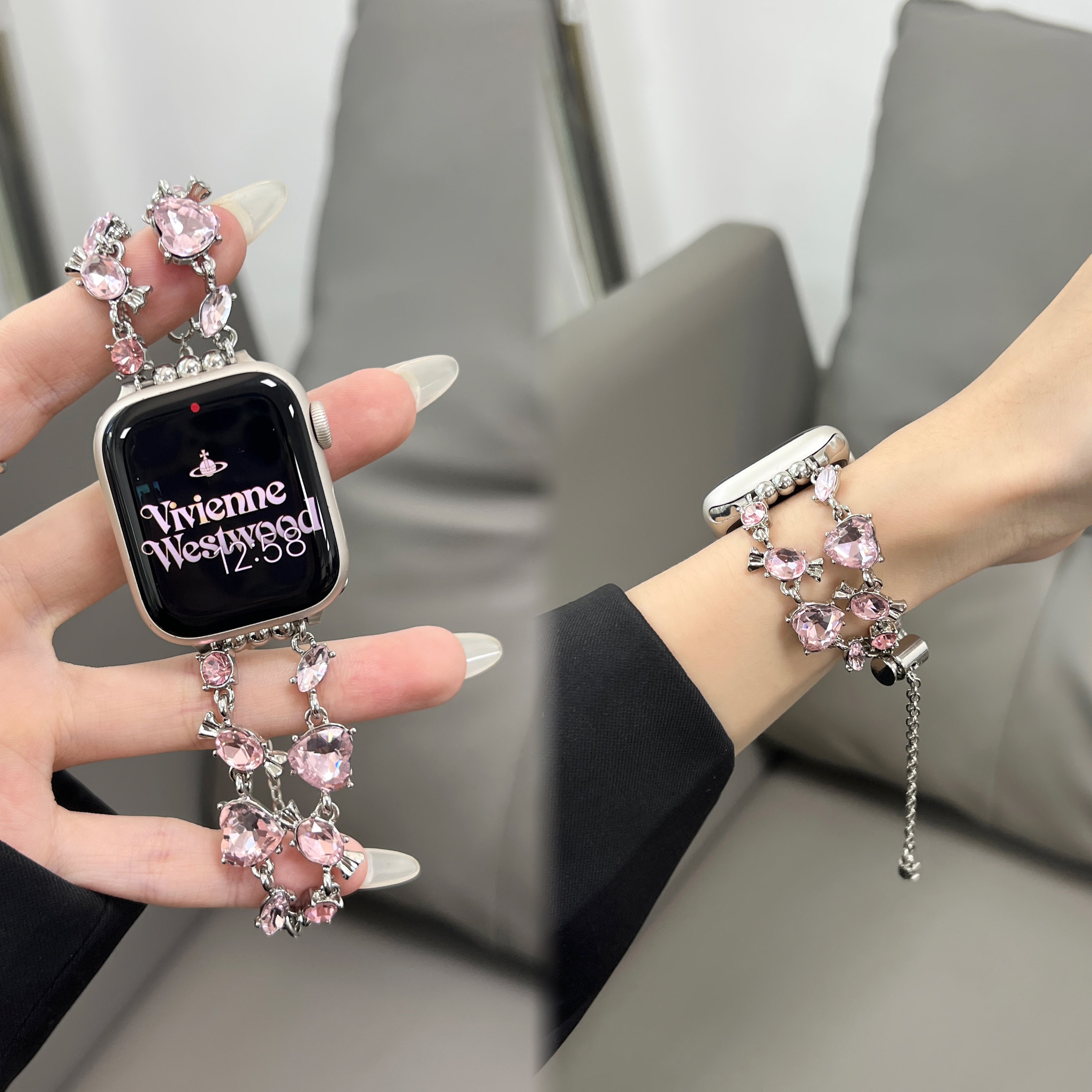 适用苹果手表iwatch9表带爱心糖果宝石彩钻applewatch8伸缩链条女