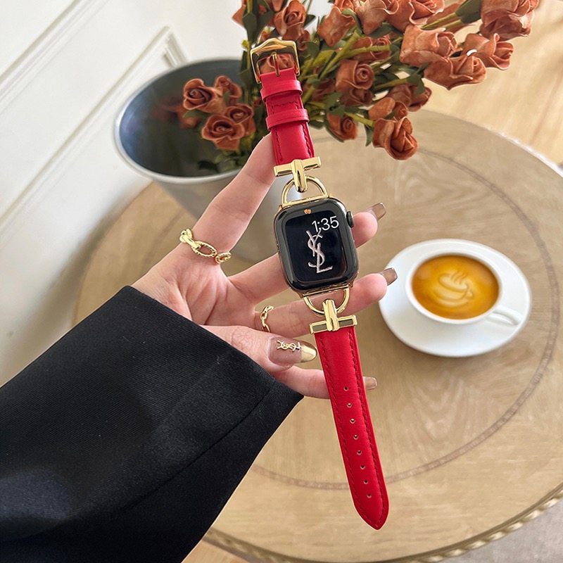 新年限定红色D字扣金属拼真皮表带适于iwatch87苹果手表SE65432潮