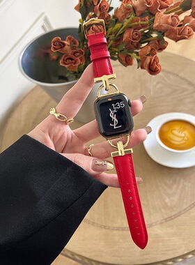 新年限定红色D字扣金属拼真皮表带适于iwatch87苹果手表SE65432潮