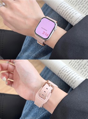适用苹果手表S8表带细柔软小蛮腰反扣真皮女腕带applewatch7654SE