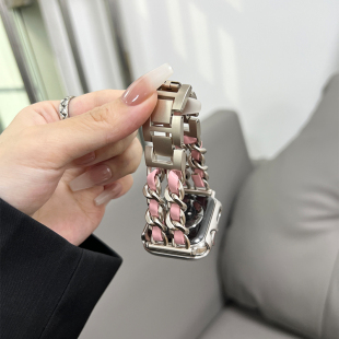 适用苹果手表S8表带小香风applewatch金属拼粉色皮iwatch7SE6女款