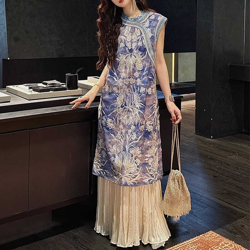 现货【凝妆】重工钉珠绣花手绘旗袍裙高级感长裙气质无袖连衣裙