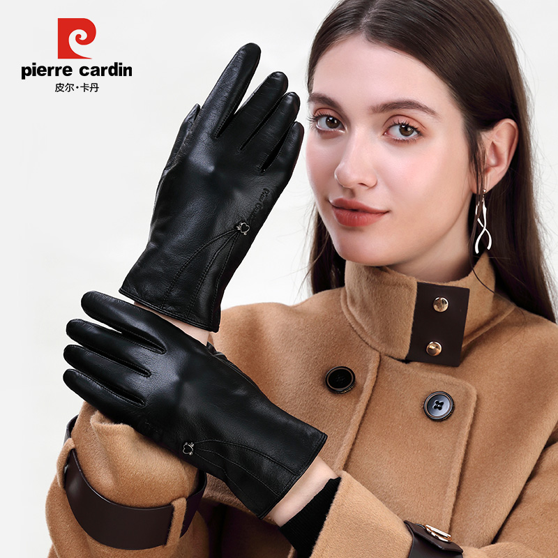 皮尔卡丹女士触摸屏手套冬保暖加绒加厚防寒骑车开车薄款羊皮真皮