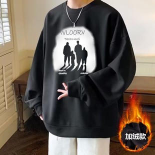 日系潮流加绒印花华夫格卫衣男圆领套头休闲宽松上衣服大码 秋冬季