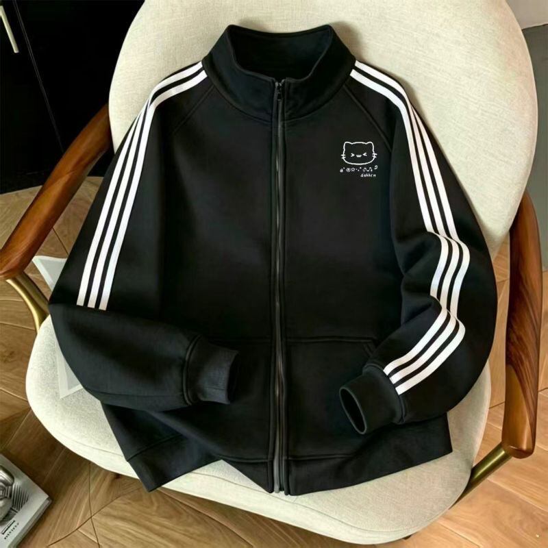 美式拼接三条杠印花卫衣男新款2026春秋拉链棒球服开衫夹克外套潮