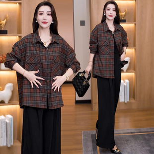 早春格子衬衣女款2026新款宽松洋气中长款大码长袖衬衫女上衣外套