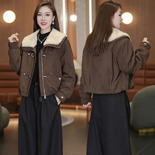 羊羔毛领棉服女款冬季2025新款加厚宽松洋气短款派克服夹棉衣外套