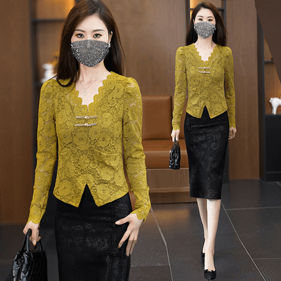 2025春季新款轻奢高级感小众修身花边V领洋气质长袖蕾丝上衣女士