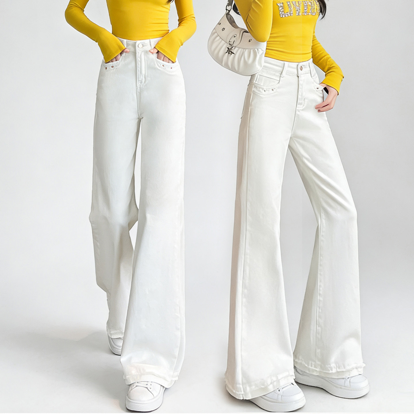 白色微喇牛仔裤女2026春季新款高腰修身显瘦弹力长裤休闲阔腿裤,女装/女士精品,牛仔裤,淘宝优惠券,粉丝福利购,淘宝优惠卷