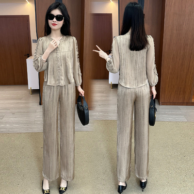 时尚休闲套装女春季新款洋气减龄遮肚子显瘦冰丝上衣阔腿裤两件套