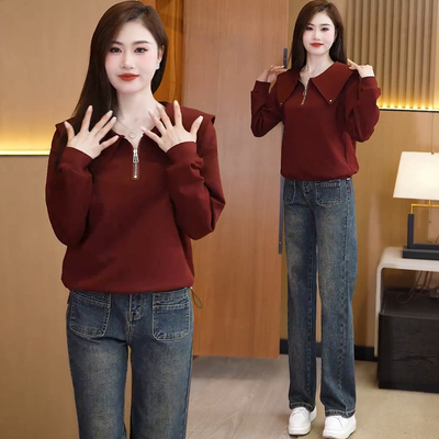 早春穿搭卫衣女2025新款爆款加绒洋气时尚娃娃领休闲长袖上衣春秋