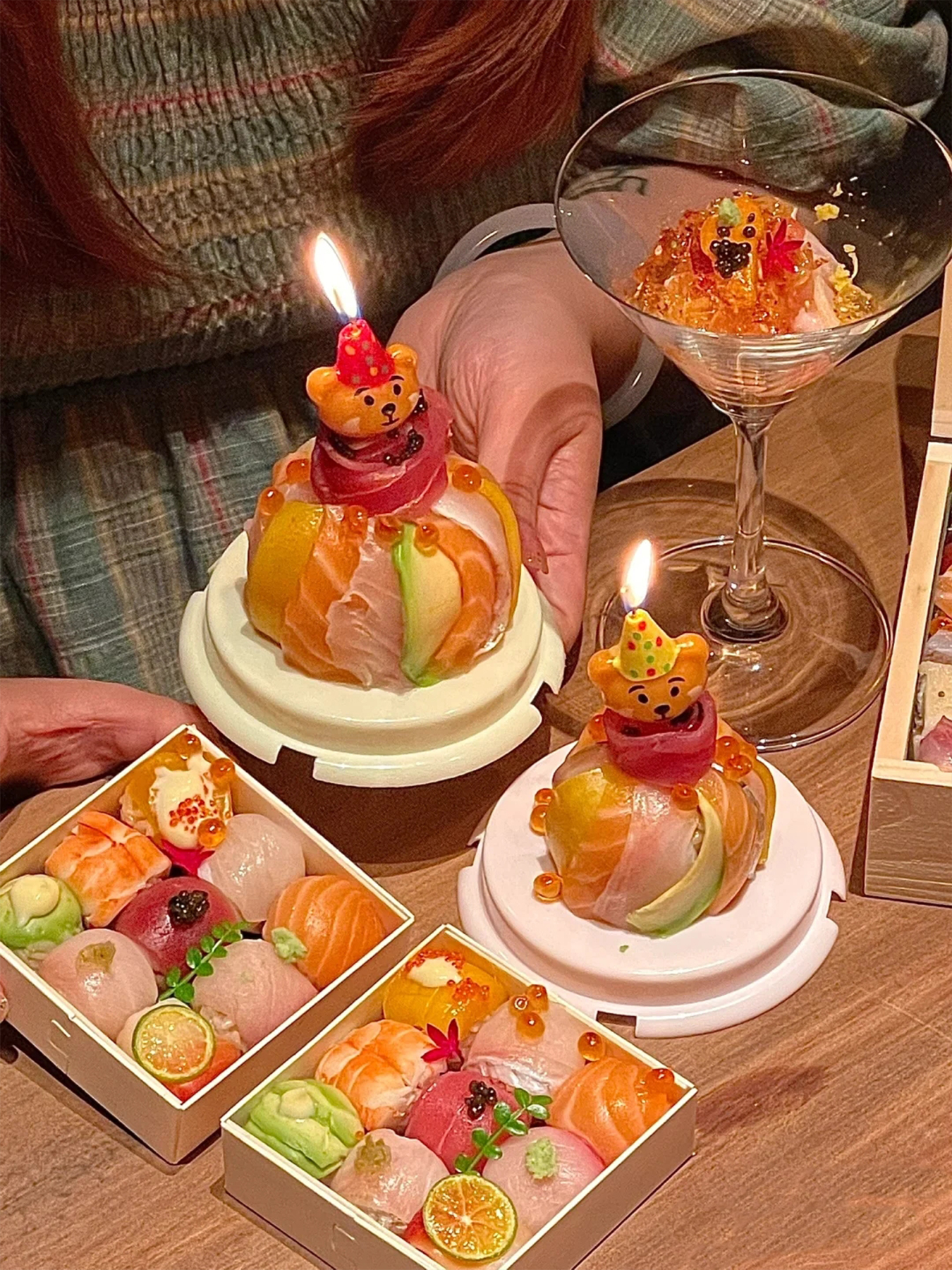 三文鱼迷你刺身小蛋糕烘焙装饰可爱派对帽小熊蜡烛插件下午茶甜品