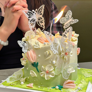 绝美小仙女氛围感蝴蝶蛋糕装 饰女神生日刮刀花裱花郁金香许愿甜品