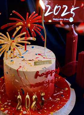 2026新年快乐跨年夜氛围感红色礼花蛋糕装饰春节数字蜡烛喷砂甜品