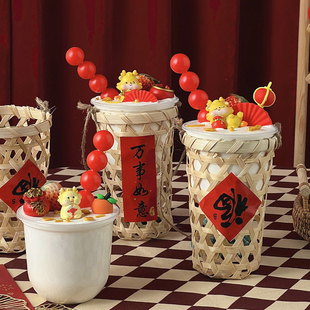 2026网红新年手提竹篮波波杯蛋糕装饰元旦跨年祝福语贴纸龙宝摆件