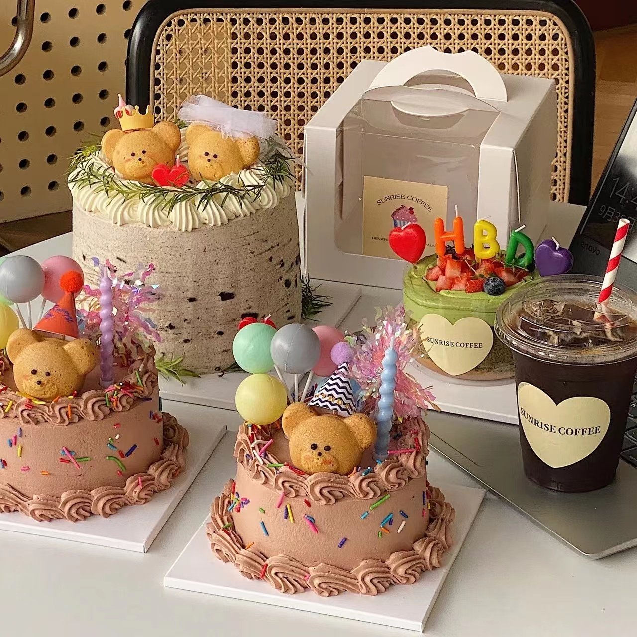 ins风复古卡通抹茶小熊蛋糕装饰插件摆件迷你熊头生日帽网红插牌