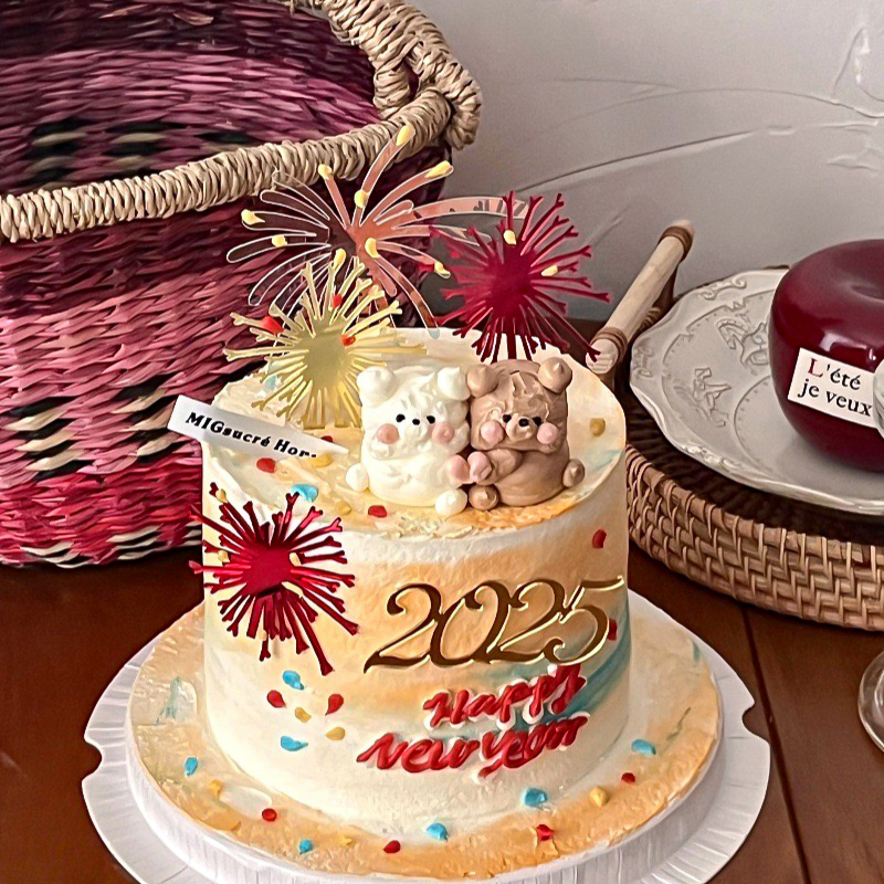 2025新年除夕夜情侣熊兔蛋糕装饰