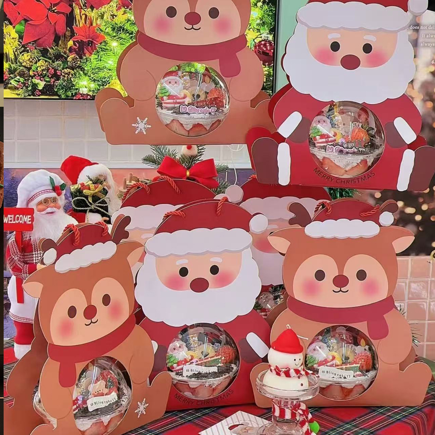 卡通圣诞节慕斯球蛋糕装饰手提盒