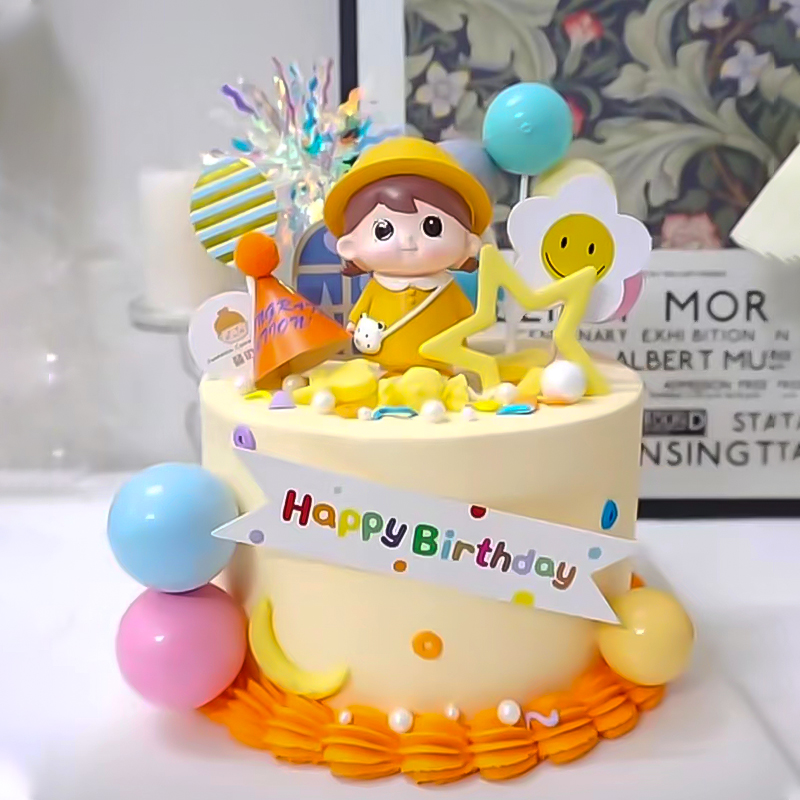 黄色带帽小女孩生日蛋糕装饰摆件