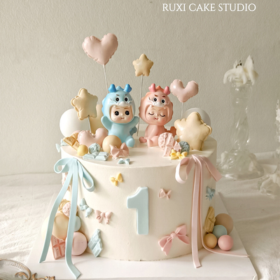 可爱龙宝宝生日周岁双胞胎蛋糕