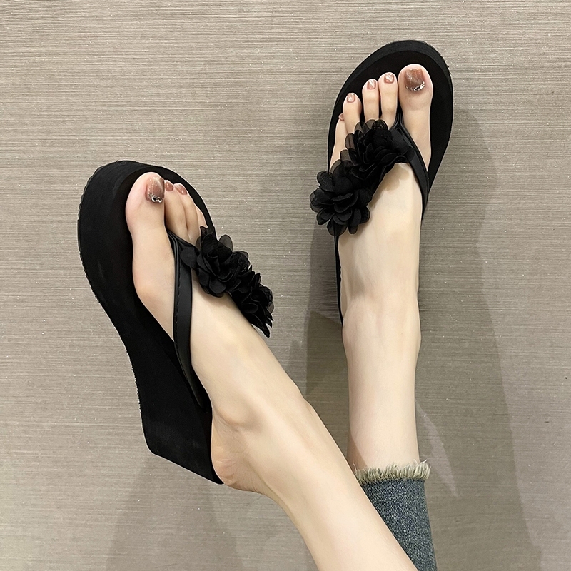 花朵坡跟厚底人字拖女款 夏季防滑高跟人字凉鞋 甜美风格ins风凉