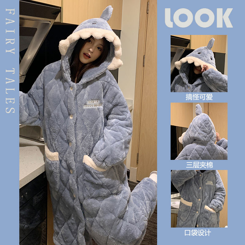 冬季新款睡衣女鲨鱼三层夹棉连帽长袍卡通可爱保暖家居服外穿棉袄