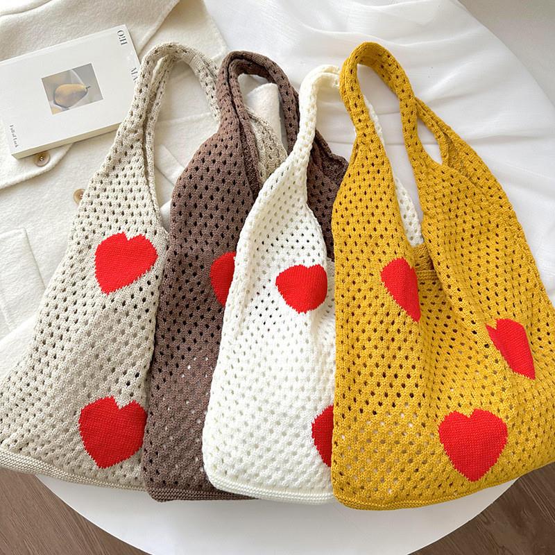 新款爱心镂空针织手提包大容量女高级感时尚百搭情侣单肩包购物袋