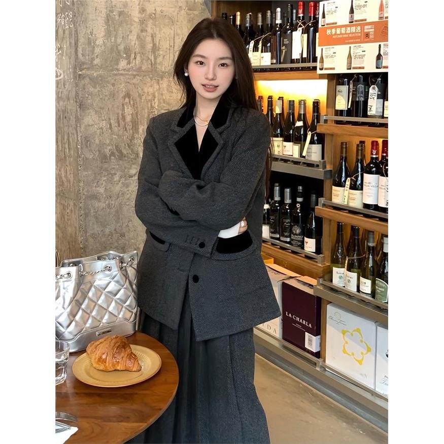 韩剧穿搭套装裙今年流行漂亮小香风毛呢西装外套半身裙两件套秋冬