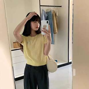 2025夏季新款广州十三行女装浅淡奶油黄色上衣高级感短袖针织T恤